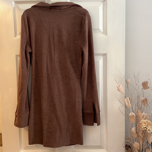 Collared Button Up Down Terry Cloth Brown Mini Dress - Picture 5 of 5